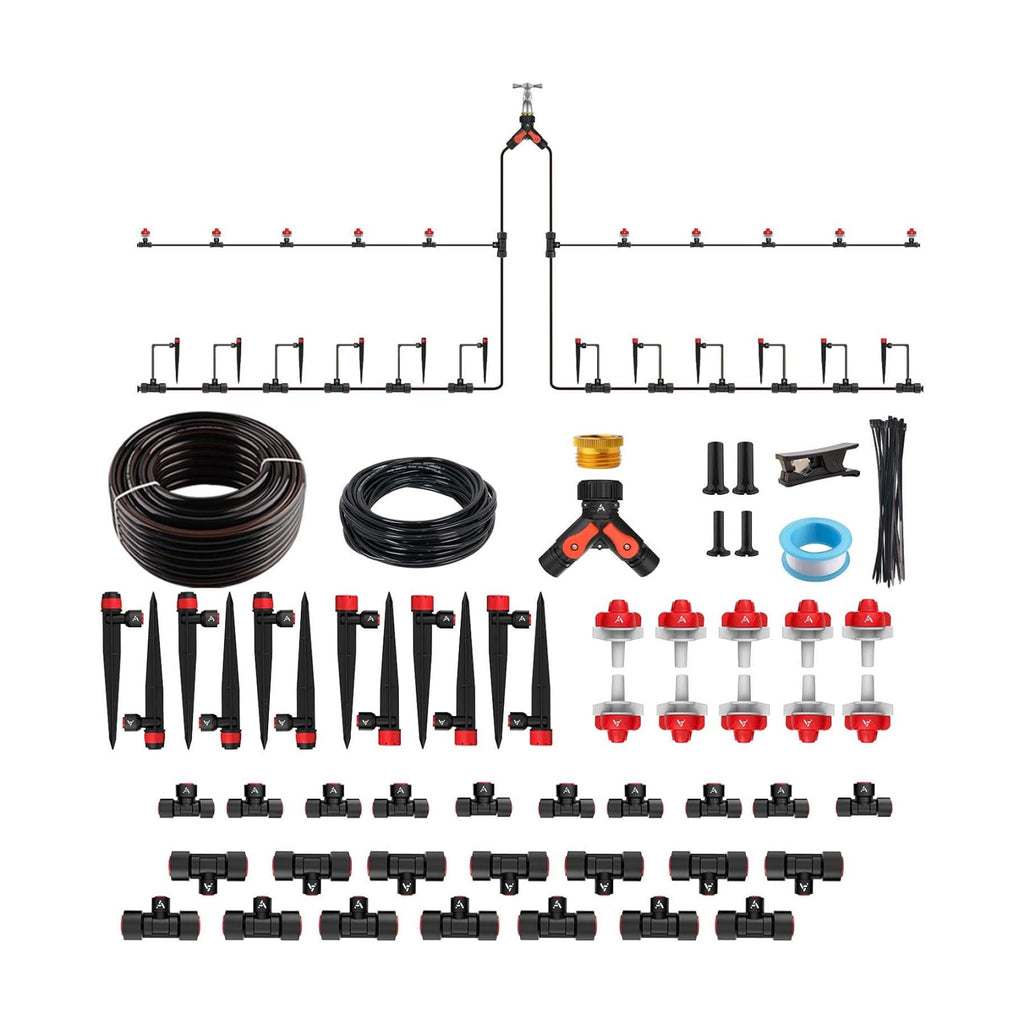 Anleolife 100FT Drip Irrigation Kit, All-in-One Quick-Connect System | 1/2" Mainline + 1/4" Tubing, Y Splitter, 22