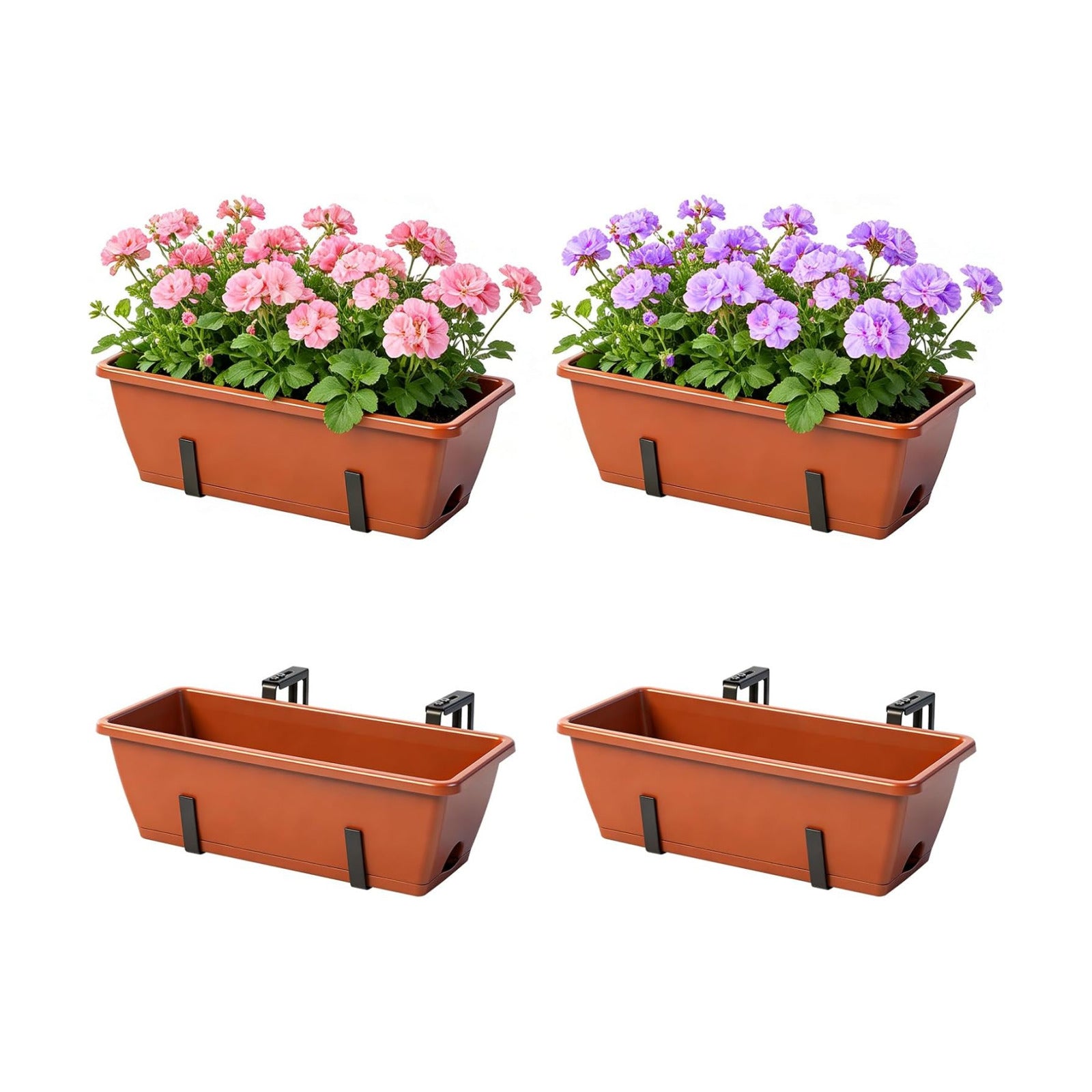 Railing Planter Box 4 Pack Window Boxes Planters with Adjustable Brackets | 17 Inch Rectangular Hanging Flower Pots