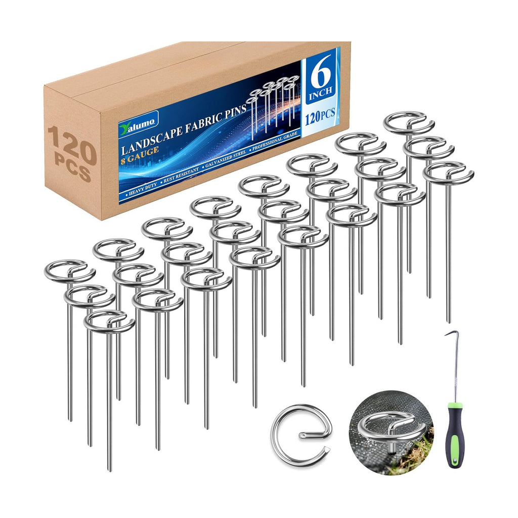 Landscape Fabric Pins 120 Pcs, Thickened 8 Gauge Galvanized Landscape Staples with Pick Hook, 6 Inch G-Shaped Circle