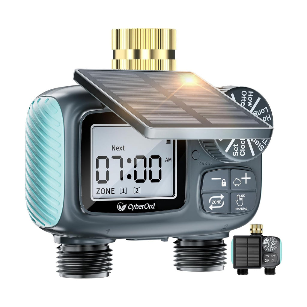 2 Zone Solar Water Timer, Hose Timer with Solar Charging | Sprinkler Timers for Garden Hose with Auto/Manual/Rain Delay