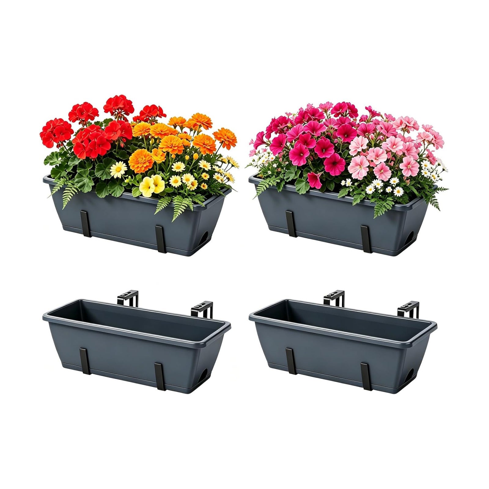 OYEAL Deck Railing Planter Boxes 4 Pack Hanging Window Flower Boxes Outdoor | Railing Planter with Adjustable Brackets