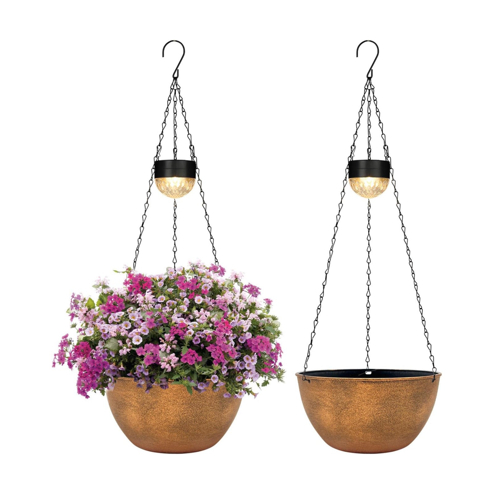 BAYN 2 Packs Solar Hanging Basket Planters for Plants Outdoor | Self Watering, Bronze Flower Pots with Solar Light
