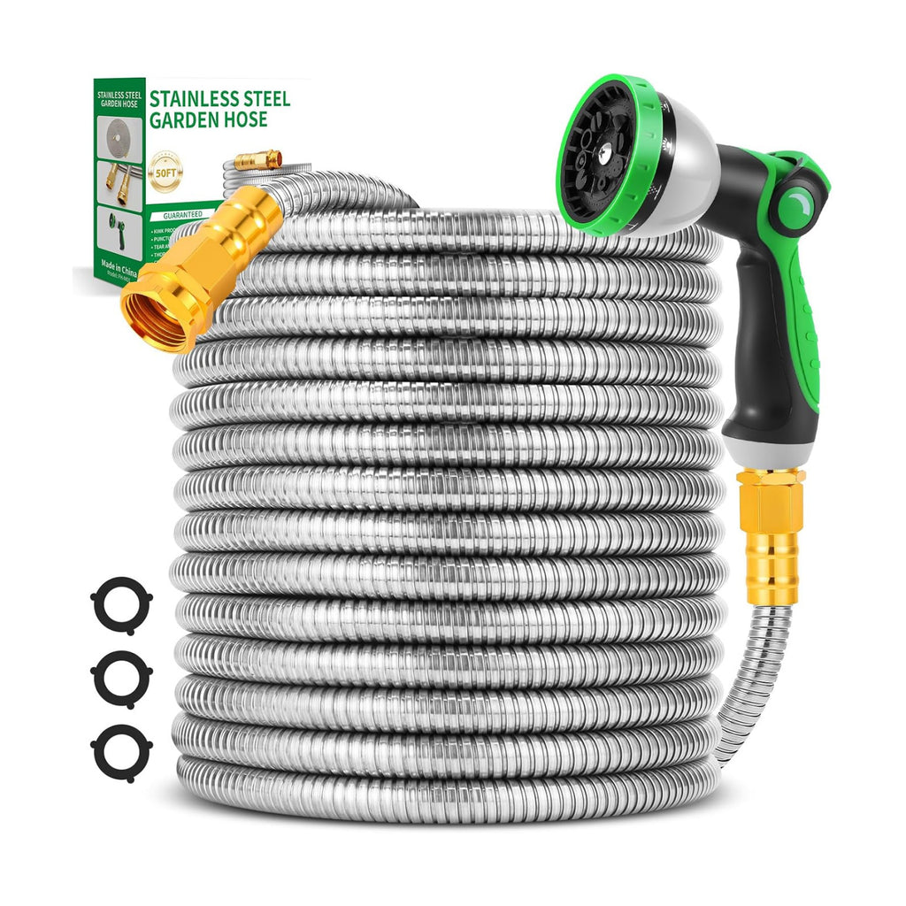 Garden Hose 50FT, Stainless Steel Metal Water Hose with 10-Function Nozzle | No-Kink, Leak-Proof, Wear-Resistant, 3/4