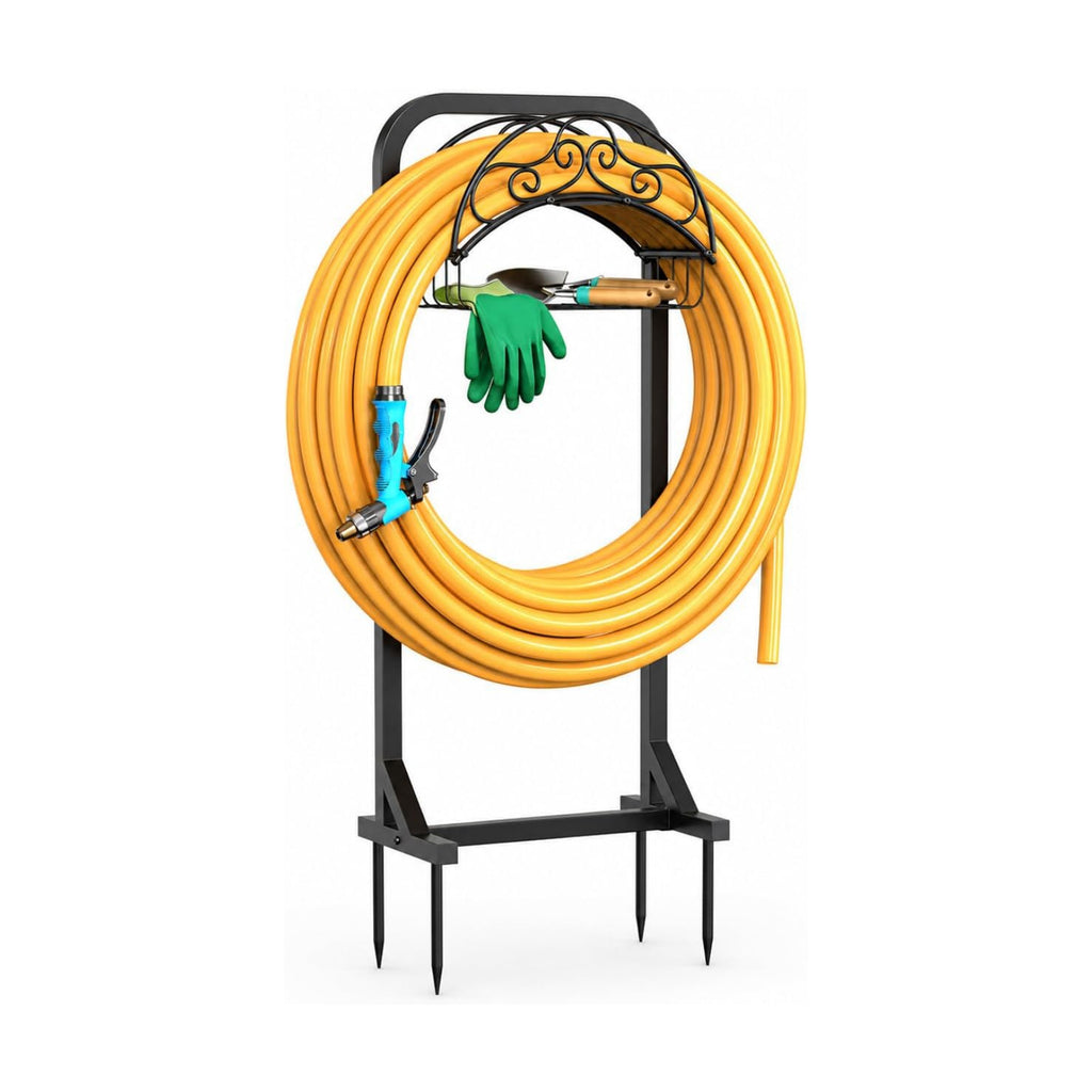 Garden Hose Holder Water Hose Reel Stand with Storage Basket Holds 160ft, Heavy Duty Freestanding Hose Stand with