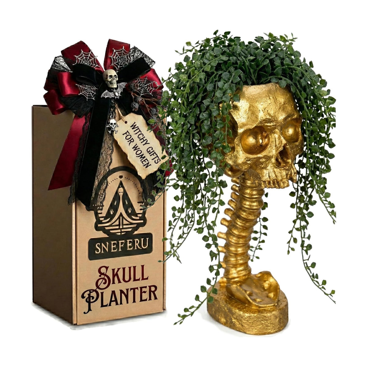 Skull Planter Spine Gothic Vase - Gold Spinal Skull Candy Bowl, Horror 11.6" Halloween Flower Vase Goth Decor, Spooky Home Decor Skeleton Planter Pot, Candle Holder, Spooky Gifts For Women, Girlfriend
