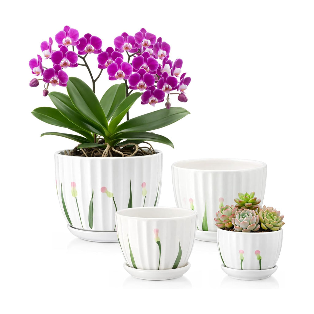 4 Pack Ceramic Orchid Pots with Drainage Holes and Tray 3.35+4.33+5.51+6.61 Inch Ceramic Plant Pot White Garden Planter