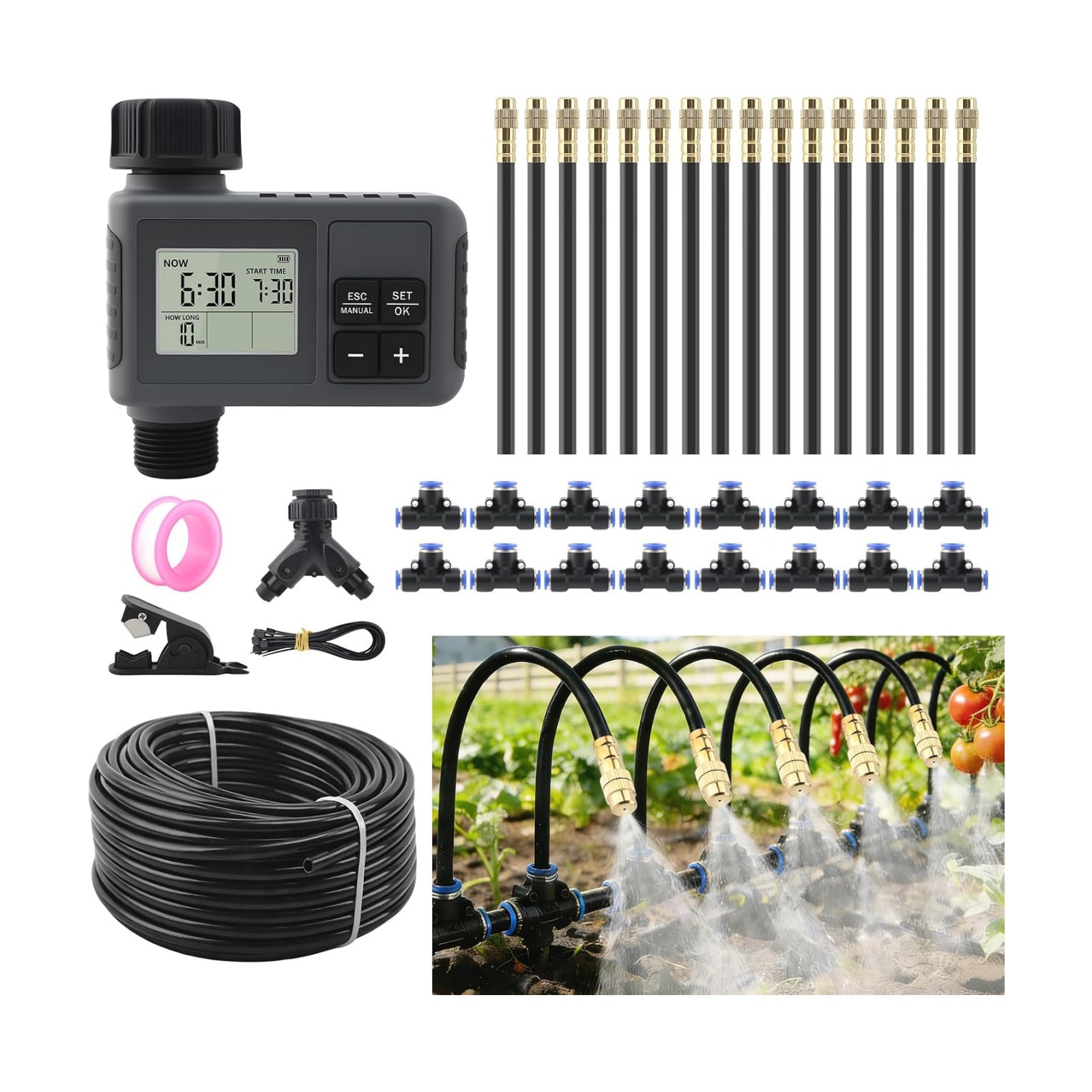 100FT Automatic Drip Irrigation Kits with Water Timer - Garden Watering System with 360° Bendable Spray Adjustable