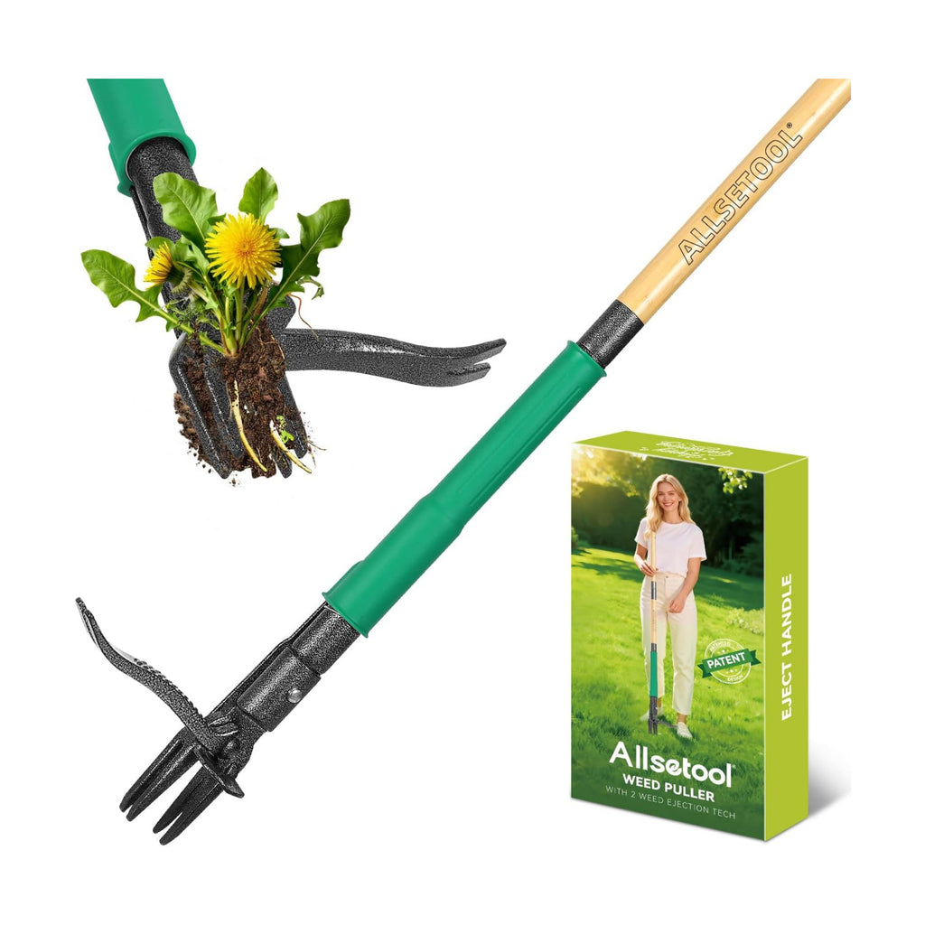 Weed Puller Tool with 2 Weed Eject Feature, 43.7in Stand Up Dandelion Remover Tool, Real Bamboo Handle and Metal 4 Claw