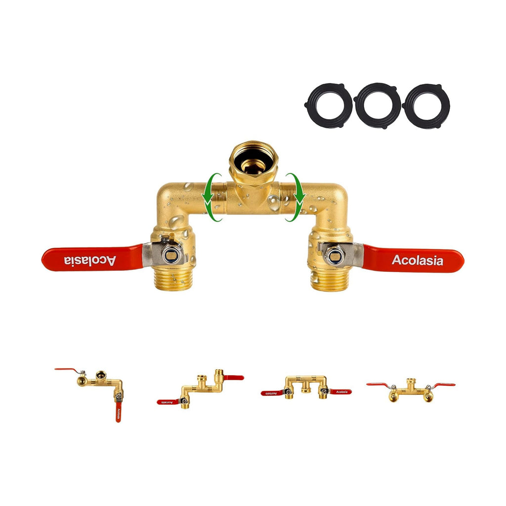 Hose Splitter 2 Way Heavy Duty Brass Garden Hose Splitter with 360° Rotatable, 304 Stainless Steel Long Handle Outdoor
