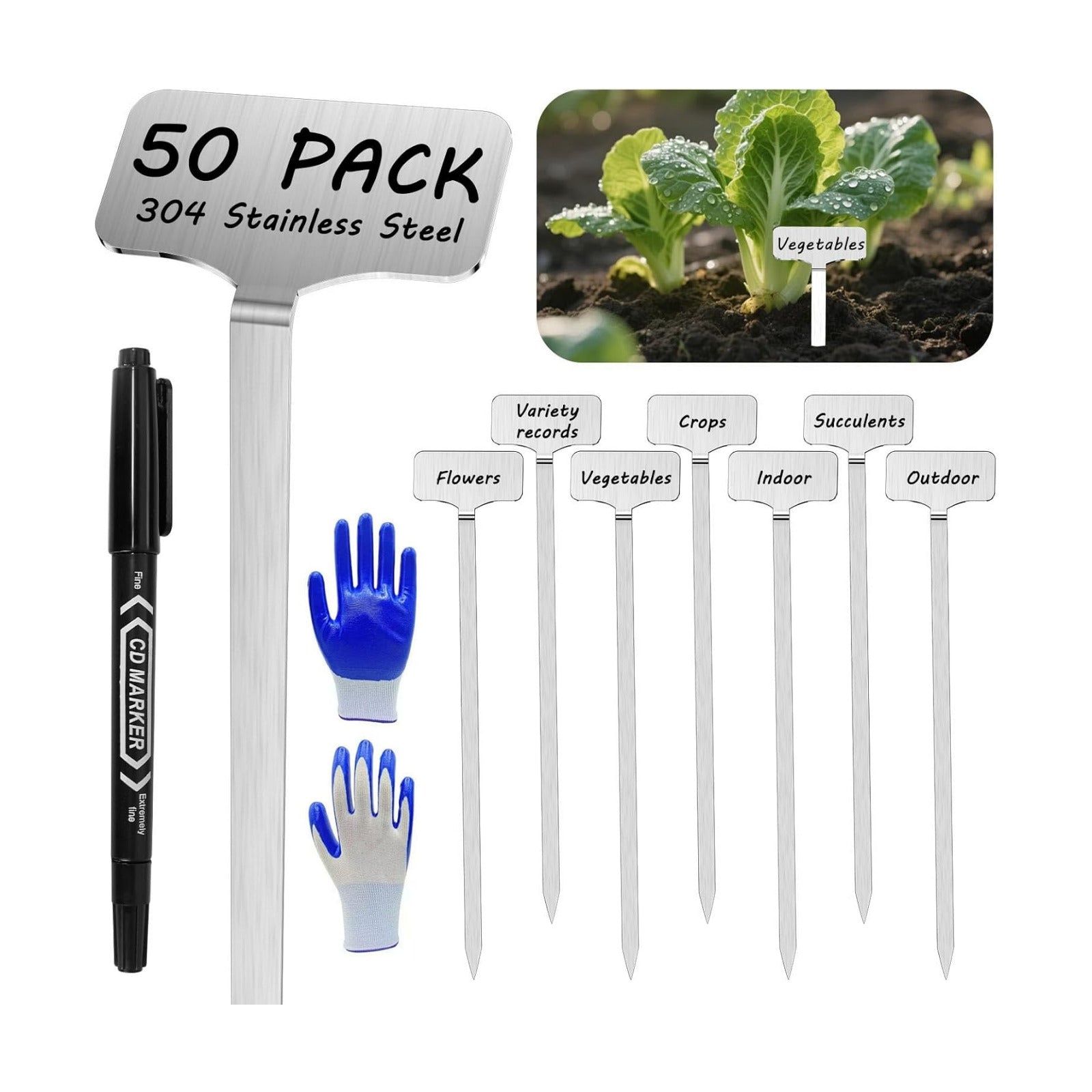 304 Stainless Steel Plant Label, 50 Waterproof Metal Plant Label Stakes and Marker Pen, 7.87" Garden Markers for
