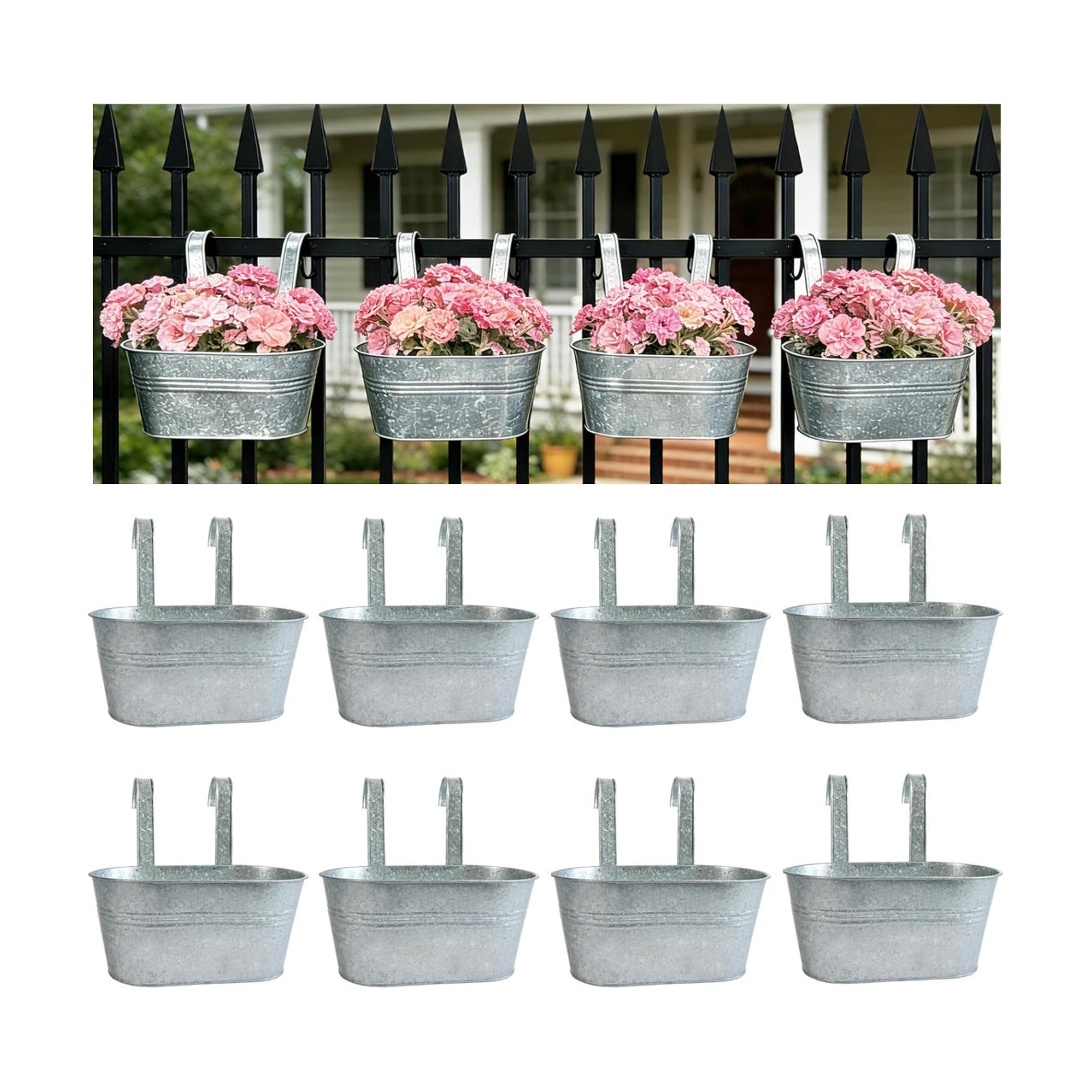 8 Pack 10" Galvanized Hanging Railing Planters with Hooks and Drainage | Rustproof, Detachable hooks, Drainage hole