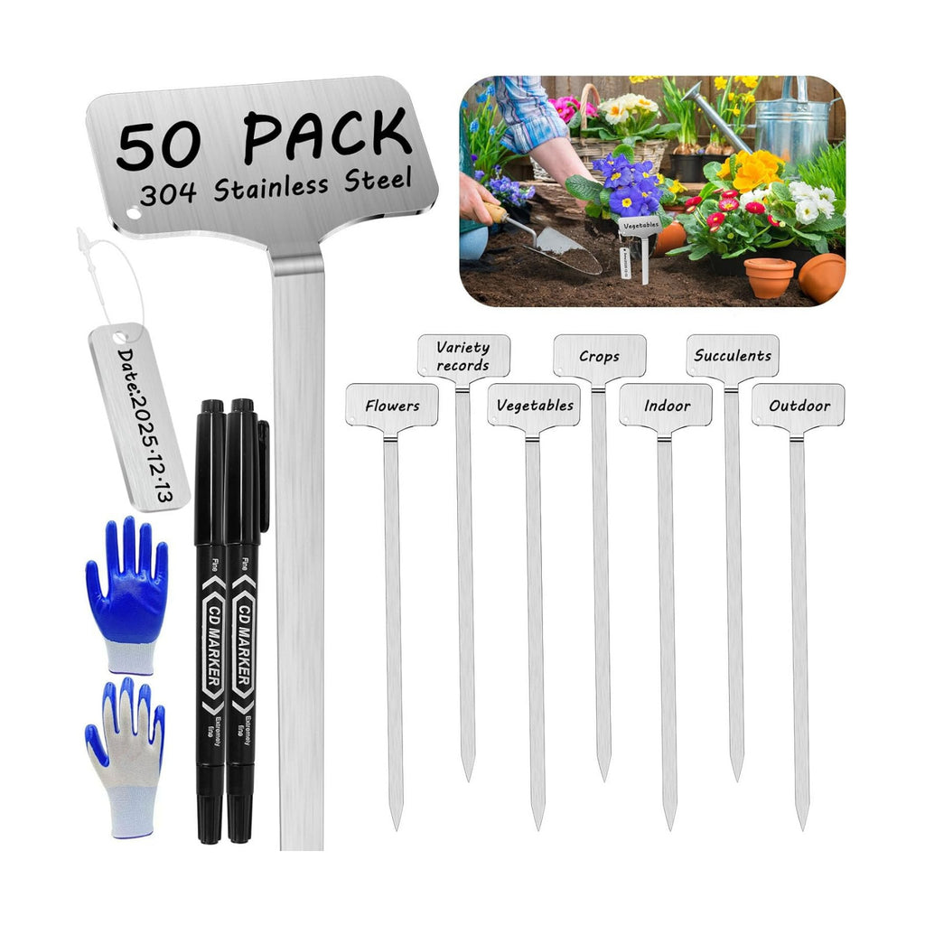 304 Stainless Steel Plant Markers, 50 Waterproof Metal Plant Label Stakes with 50 Tag Buckles & 2 Marker Pen, 12.75"