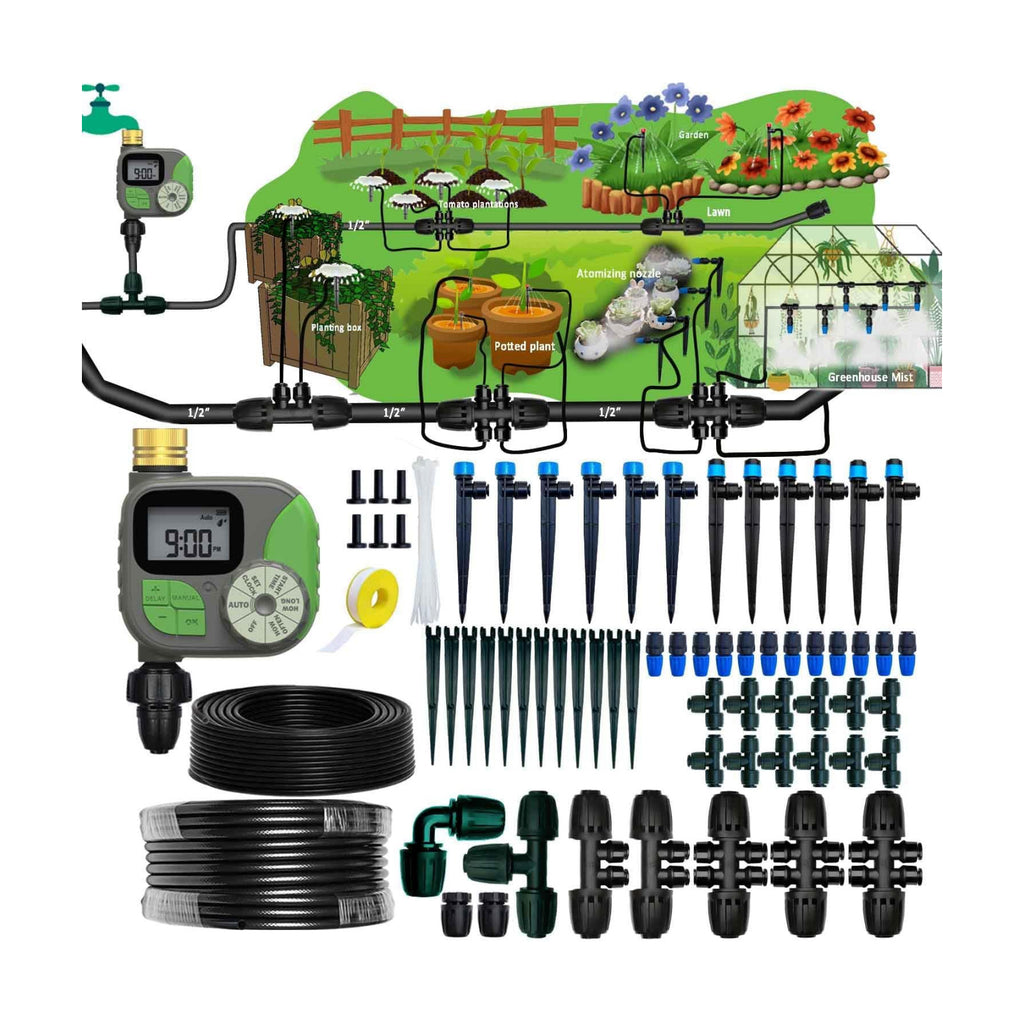 Drip Irrigation System with Water Timer for Garden,Main ID 1/2inch 16.5Ft And 1/4inch 96Ft Water Hose, Automatic