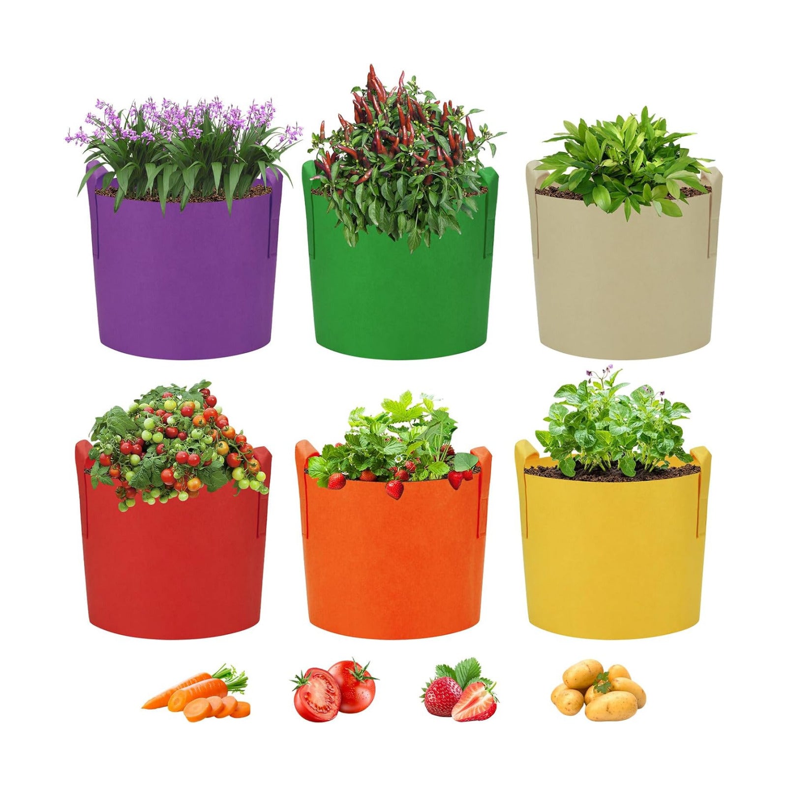6 Pack 15 Gallon Grow Bags, Colorful Fabric Plant Pots with Handles, Garden 10 Gal Fabric Grow Pots, Vegetable Plant