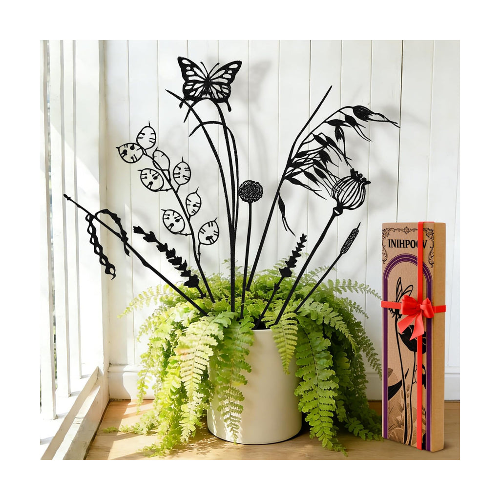 9-Piece Black Metal Butterfly Meadow Garden Stake Set | Heights from 9.8 to 11.8 in, slim push-in silhouettes for pots