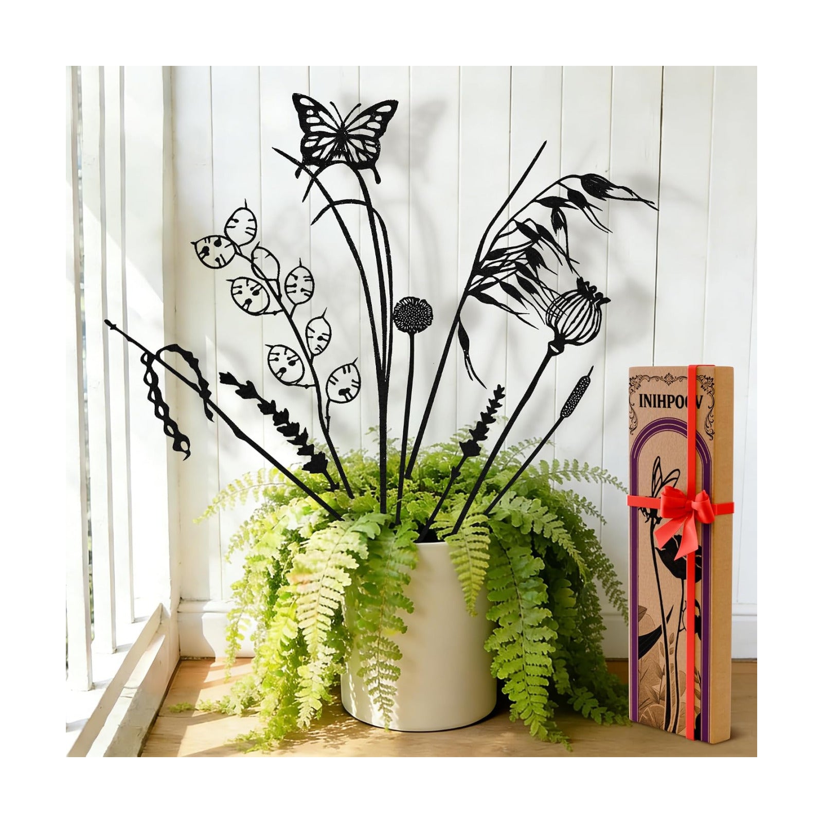 9-Piece Black Metal Butterfly Meadow Garden Stake Set | Heights from 9.8 to 11.8 in, slim push-in silhouettes for pots