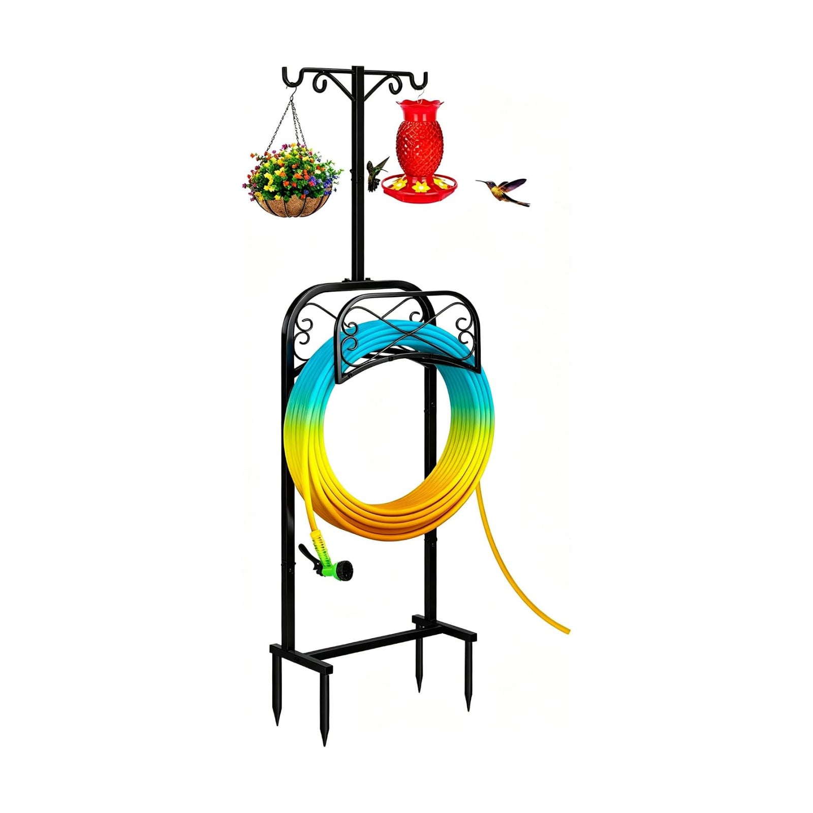Gtongoko Garden Hose Holder for Outside 70" with 4 Prongs Base & 2 Shepherds Hooks Heavy Duty Freestanding Metal Water