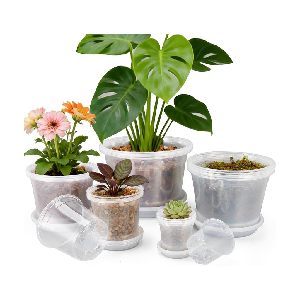 12/10/8/6/4 Inch Clear Nursery Pots with Drainage and Saucers, 20 Pack Large Clear Plastic Nursery Pots for Plants, Seedling Plant Pots for Repotting and Growing Plants, Flowers & Vegetables