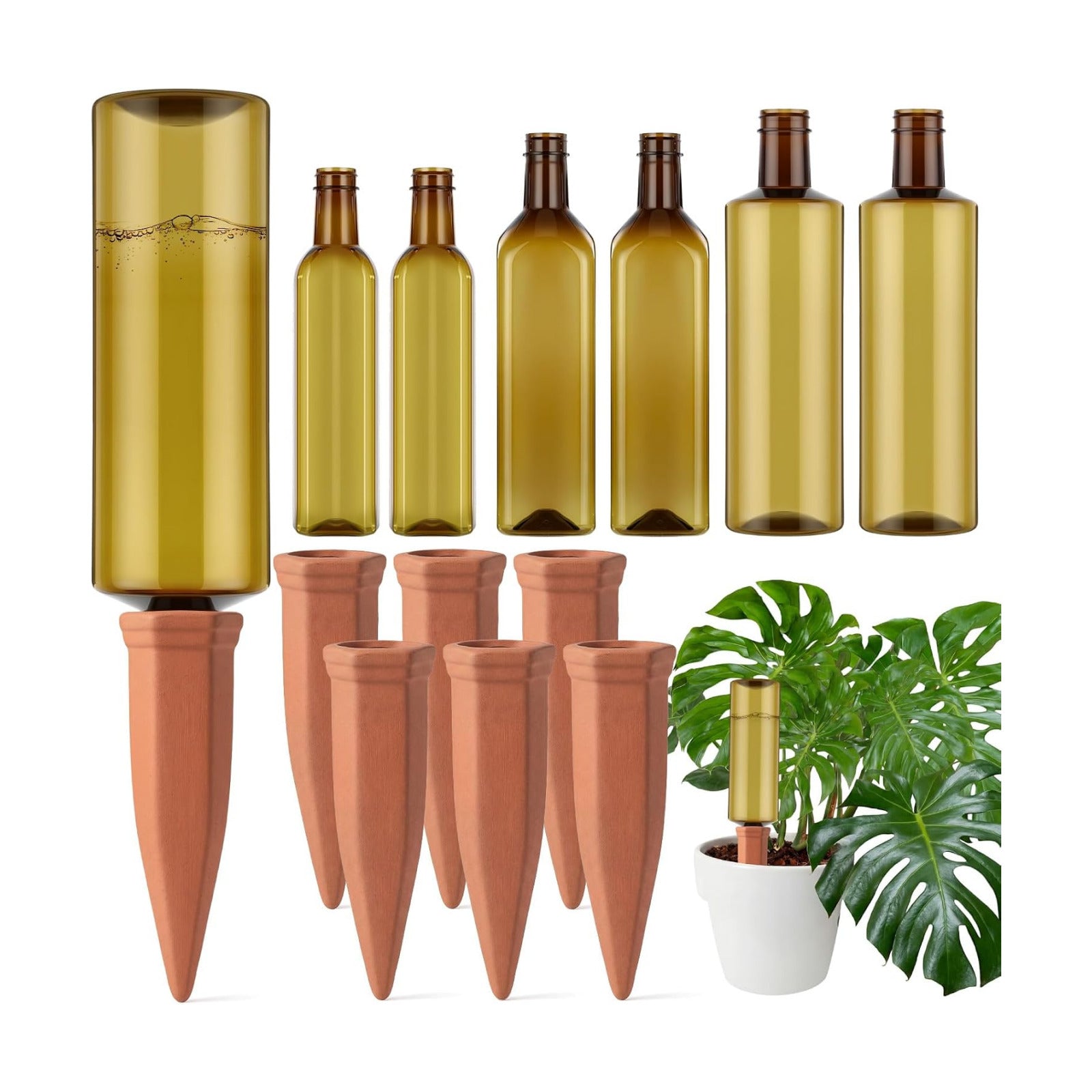 12 Pcs 17oz 25oz 34oz Plant Watering Devices 6 Terracotta Self Watering Spikes 6 Plastic Bottles Slow Release Vacation
