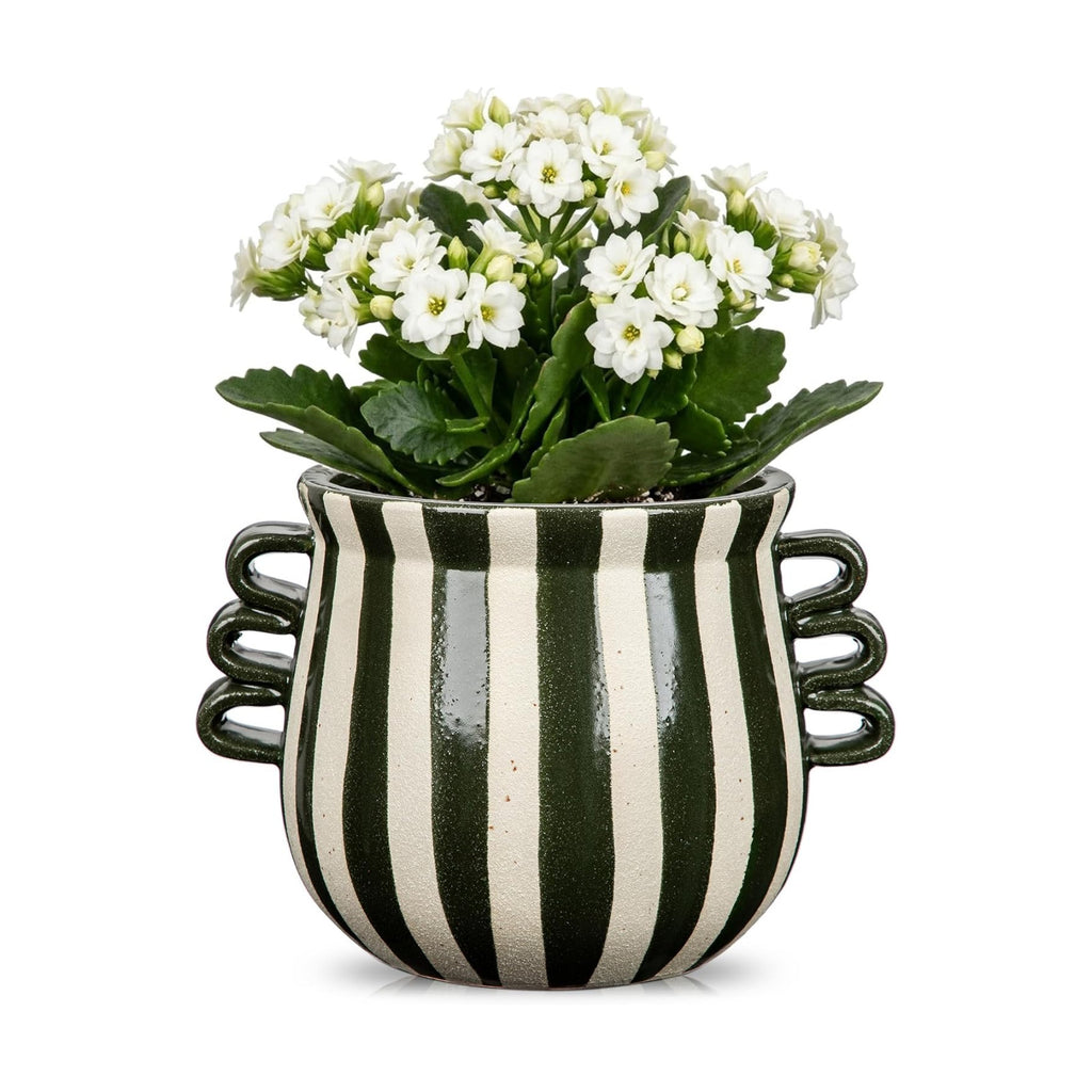 Ceramic Planter Pot Modern Striped Triple Handle Flower Pot No Drainage