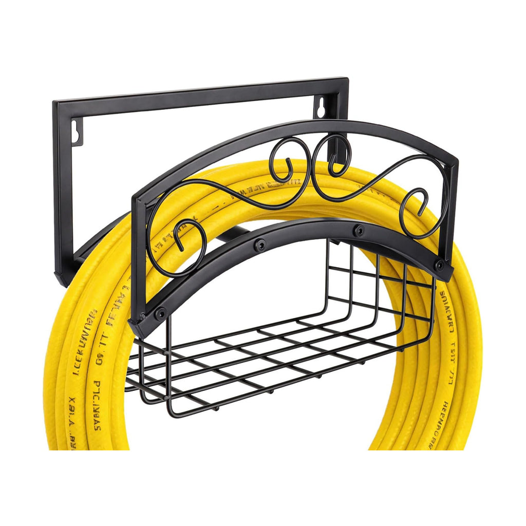 Garden Hose Holder Wall Mount, Metal Water Hose Holder with Basket | 150FT, Heavy Duty, Durable, Weather-Proof Hose
