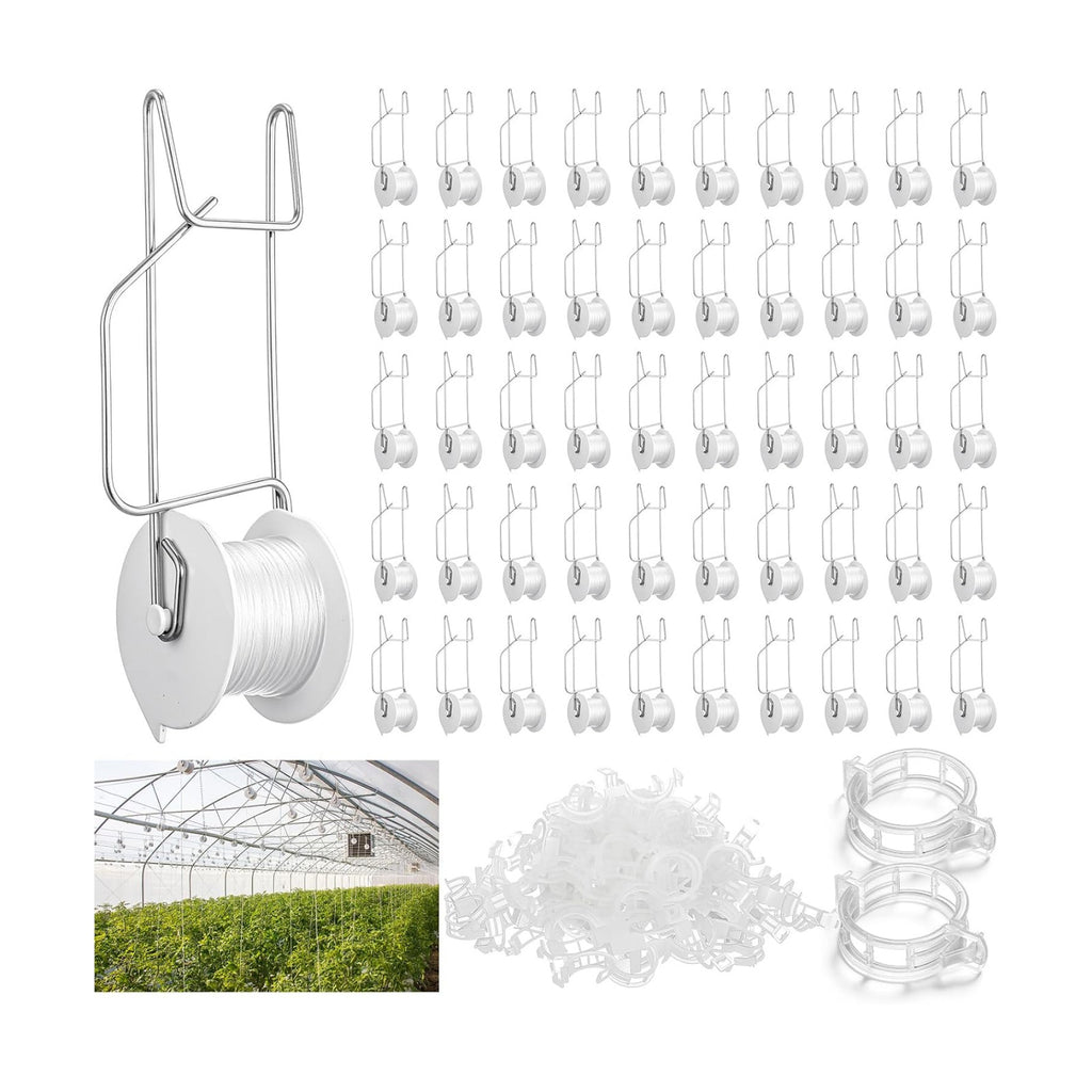 Novabright 50 Pack Tomato Support Hooks with 49 Feet String and 100 Pcs Clips Greenhouse Trellis Roller Tomato Hooks