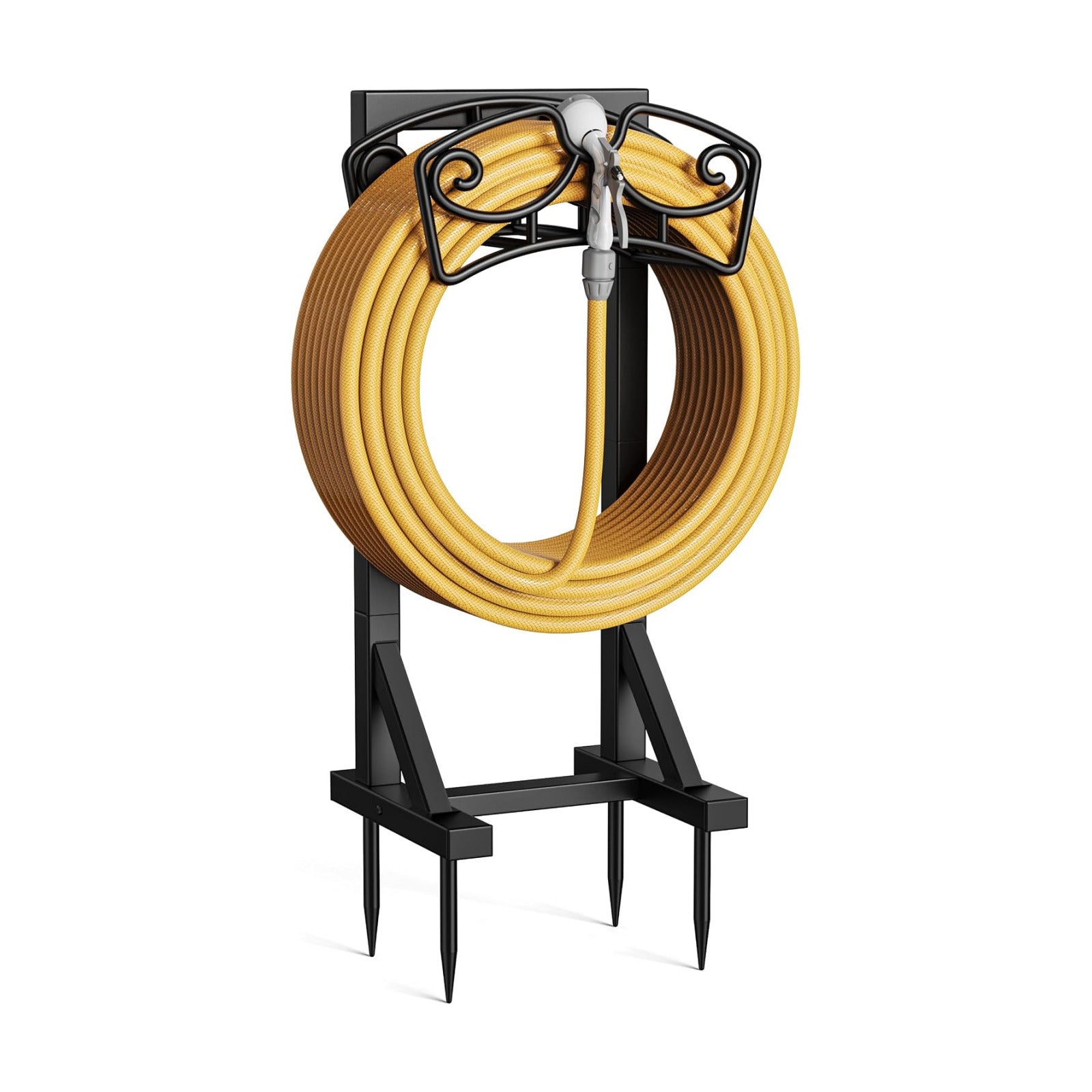 Garden Hose Holder Stand, Freestanding Metal Water Hose Storage Rack with Hooks for Outside Yard Lawn, Heavy Duty