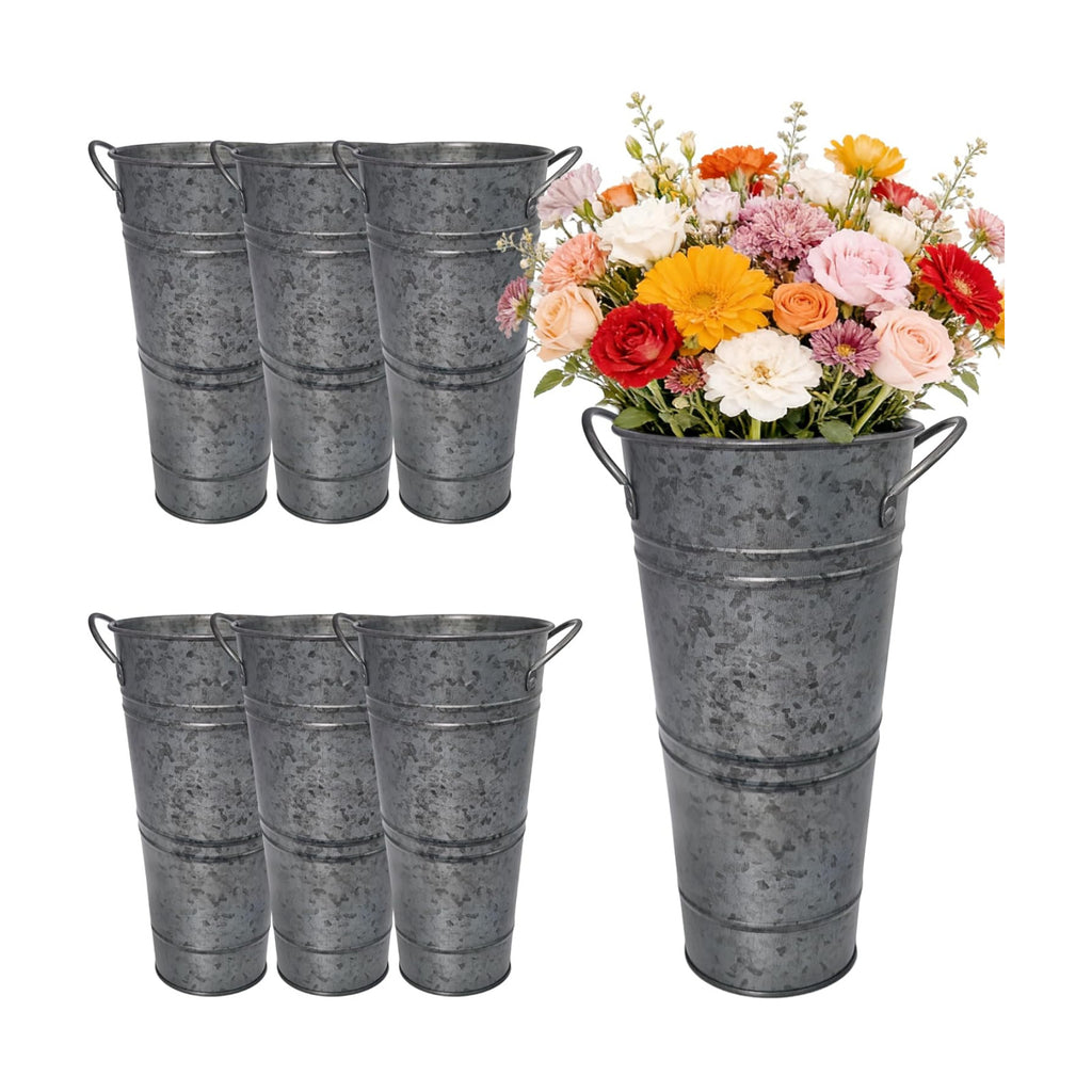9 Inch Black Metal Flower Buckets, Set of 6 - Rustic Vases with Handles