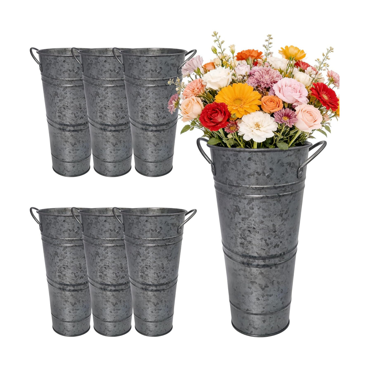 9 Inch Black Metal Flower Buckets, Set of 6 - Rustic Vases with Handles