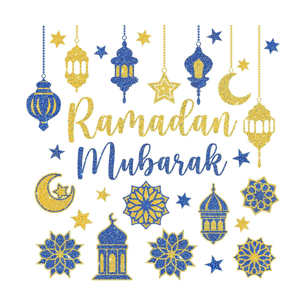 Whaline 6 Sheet Glitter Ramadan Window Clings Window Decal Blue-Gold Eid Mubarak Moon Star Reusable Anti-Collision Glass Decor for Home School Office Muslim Al Fitr Party Supplies