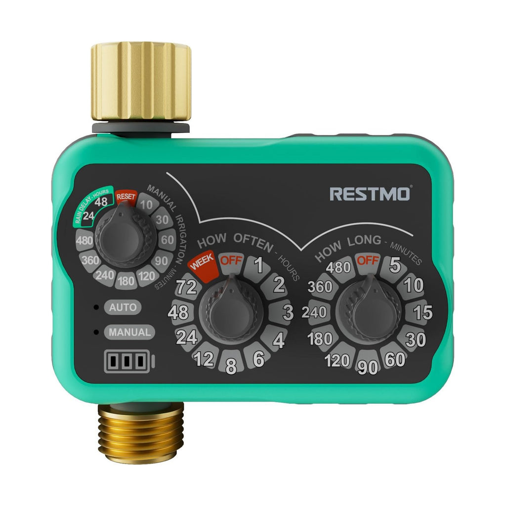 RESTMO 3-Dial Analog Sprinkler Timer, Mechnical Water Timer for Outdoor | Brass Inlet & Outlet, Manual/Rain Delay