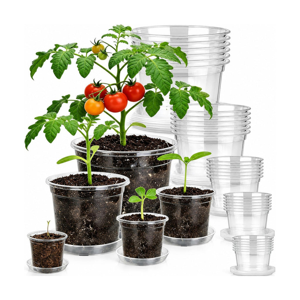 30 Pack 7/6/5/4/3 Inch Clear Nursery Pots with Drainage and Saucer, Plastic Pots for Planter, Clear Potting Pots for Succulents, Flower, Small Herbs, Indoor Outdoor Gardening