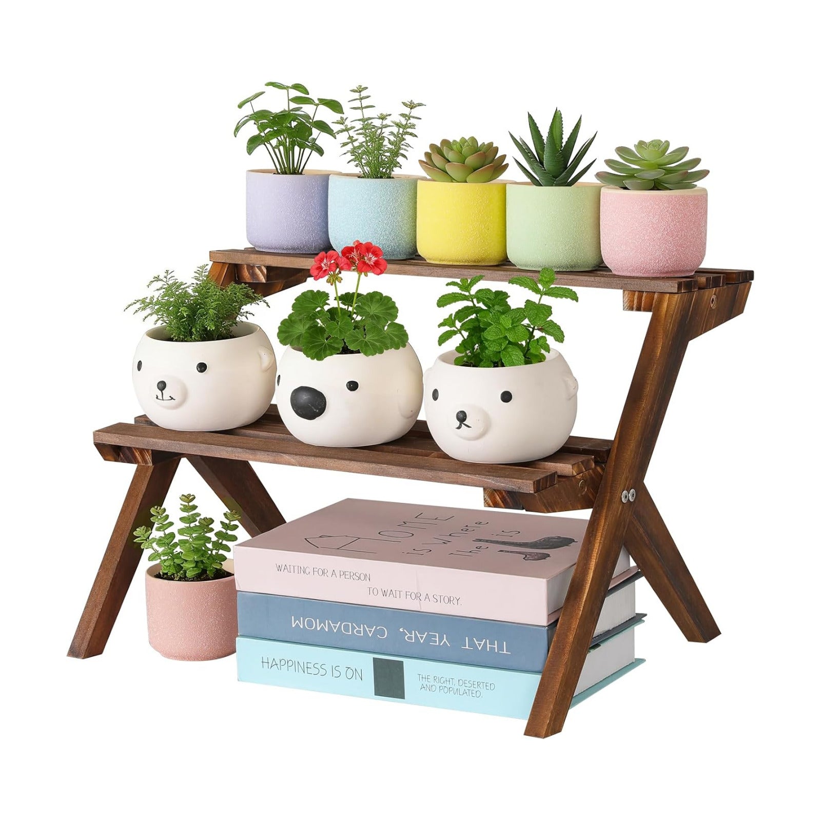 2 Tier Desktop Plant Stand, Wooden Windowsill Plant Shelf Indoor | X-Frame Tabletop Flower Stand, Ladder Succulent