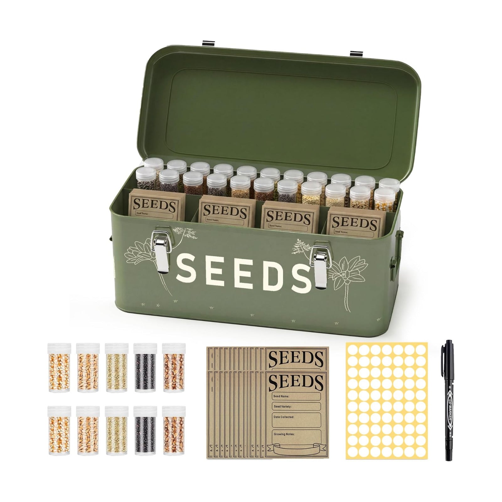 Orionstar Metal Seed Storage Organizer Box with 30 Bottles, 4-Compartment | Heavy-Duty Steel, 30 Plastic Bottles &