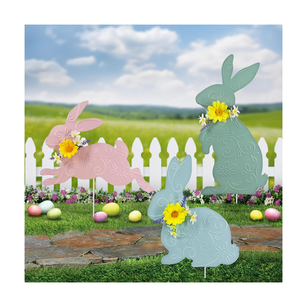 Easter Decorations Outdoor,3 Pack Metal Bunny Yard Sign Stakes for Outside,Pastel Rabbit Silhouettes Garden Decor for Lawn,Happy Easter Women Gifts