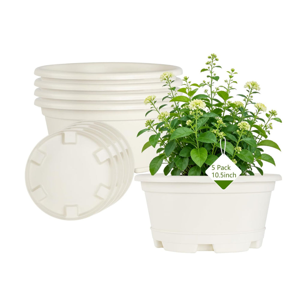 KPUVX 5 Pack 10.5 inch Plant Pots, Plastic Flower Pot | Indoor Outdoor Plants, Drainage Holes & Trays, Decorative