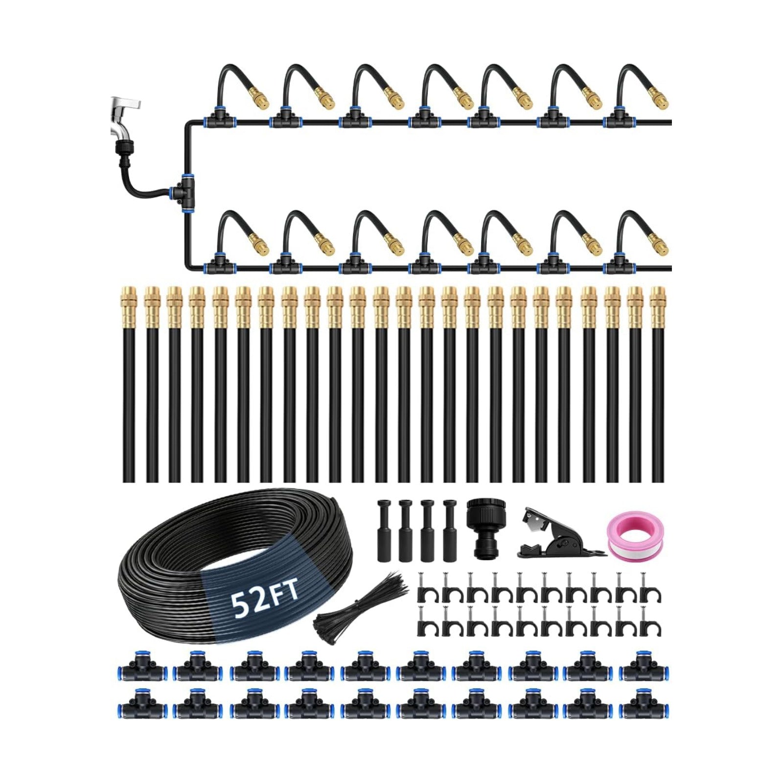 52FT 5/16" Misting Irrigation System for Garden with 20 Adjustable Nozzles | 360° Bendable Copper Nozzles, Quick