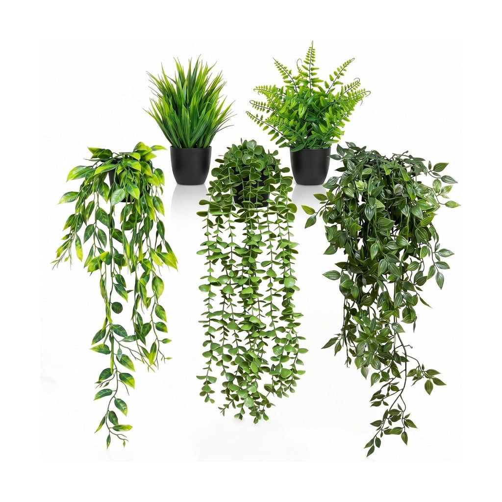 5 Pack Fake Plants - Artificial Hanging Plants & Small Potted Faux Eucalyptus Fern Ivy, UV Resistant Maintenance-Free