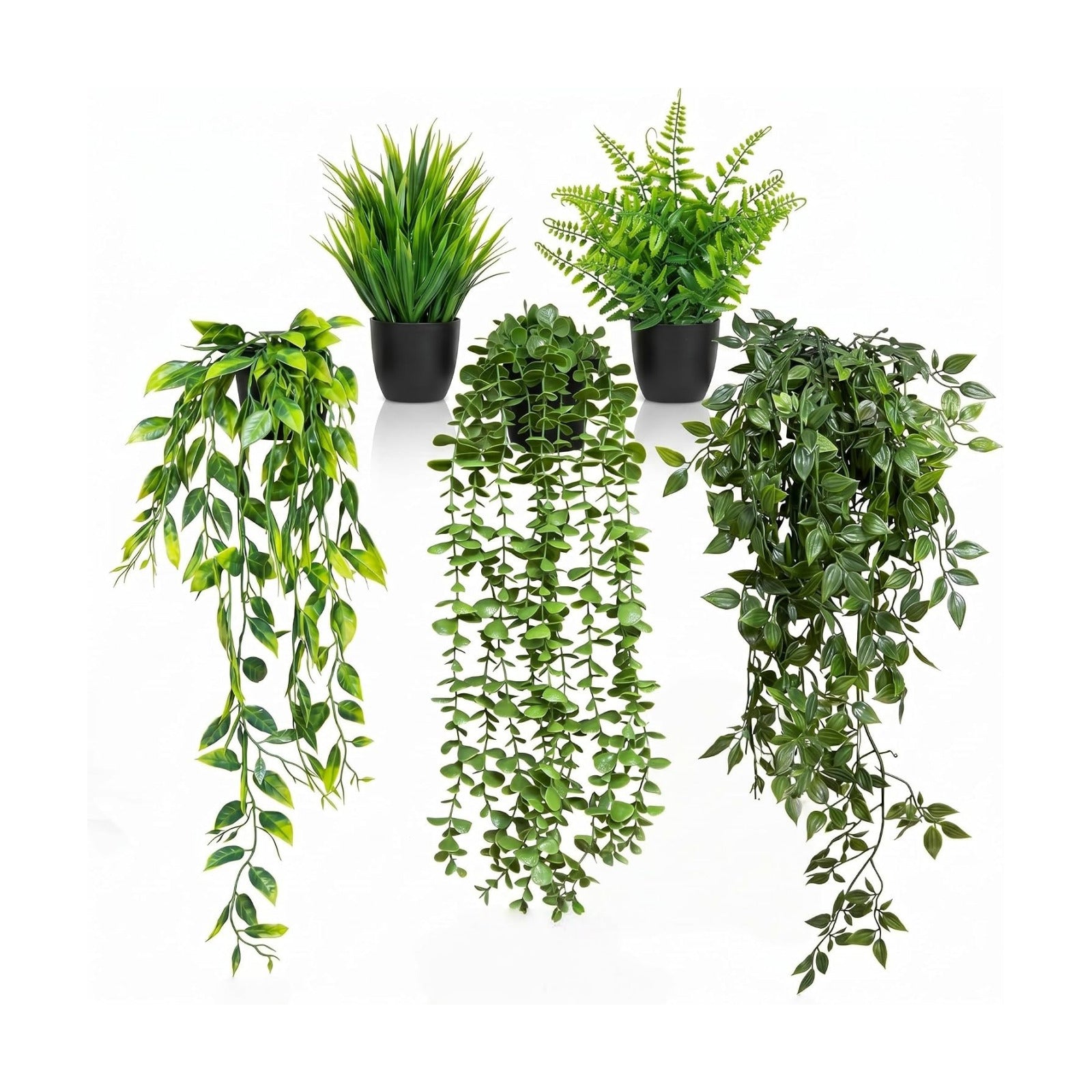 5 Pack Fake Plants - Artificial Hanging Plants & Small Potted Faux Eucalyptus Fern Ivy, UV Resistant Maintenance-Free