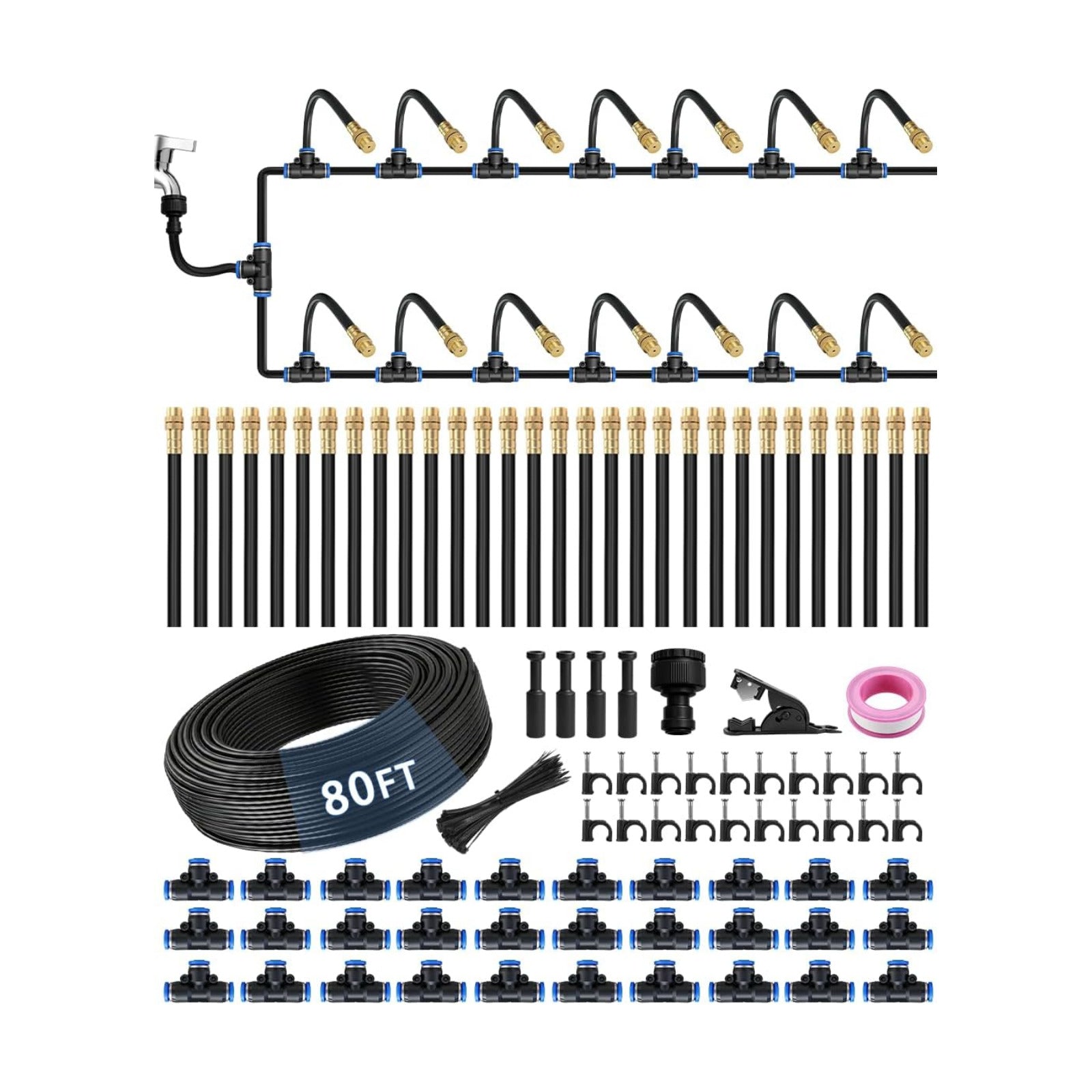 80FT 5/16" Misting Irrigation System for Garden with 30 Adjustable Nozzles | 360° Bendable Copper Nozzles, Quick