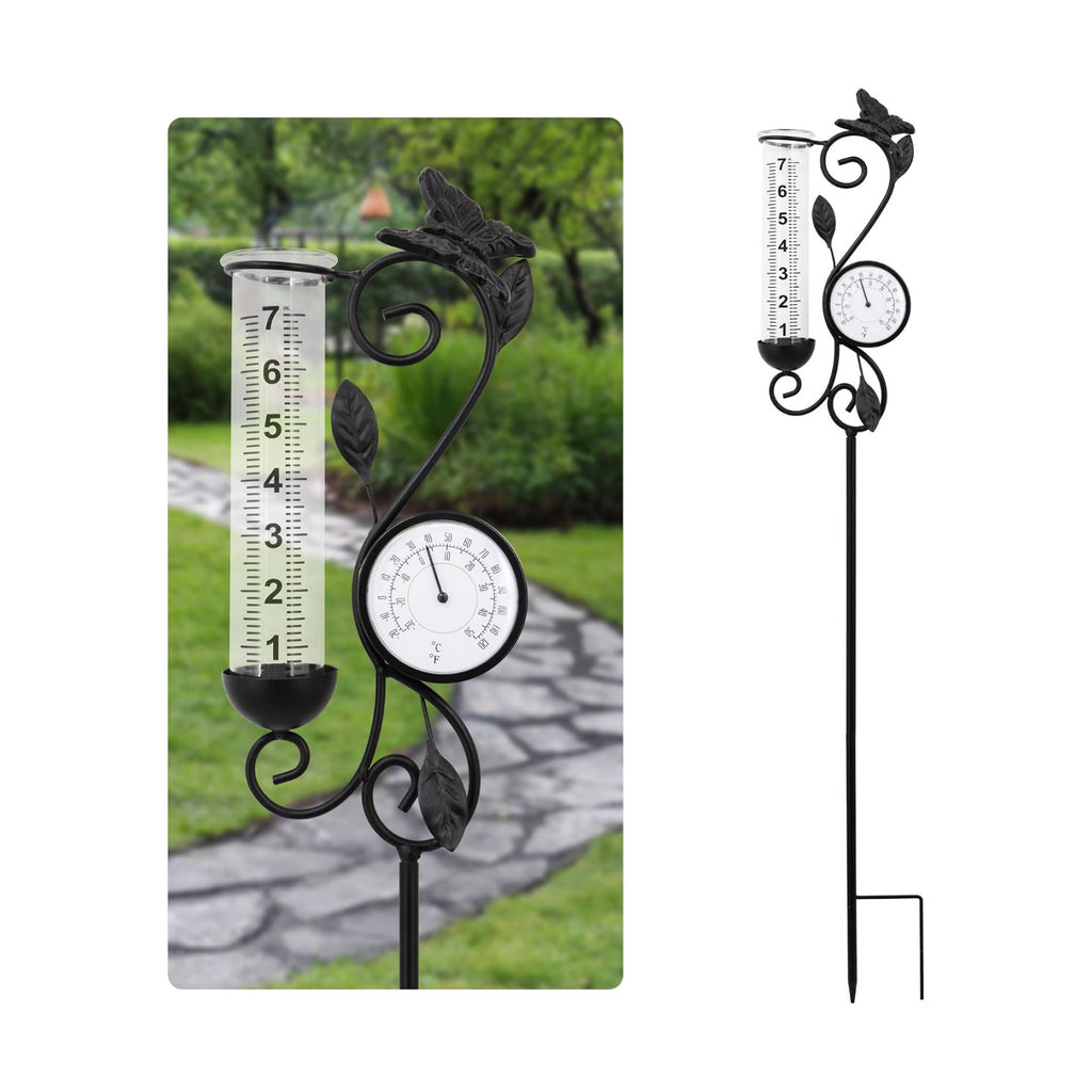 Butterfly Rain Gauge Garden Decor, 32" Thermometer Patio Decor, 7" Capacity Rain Gauge Replacement Tube Glass, Outdoor Temperature Patio Decor