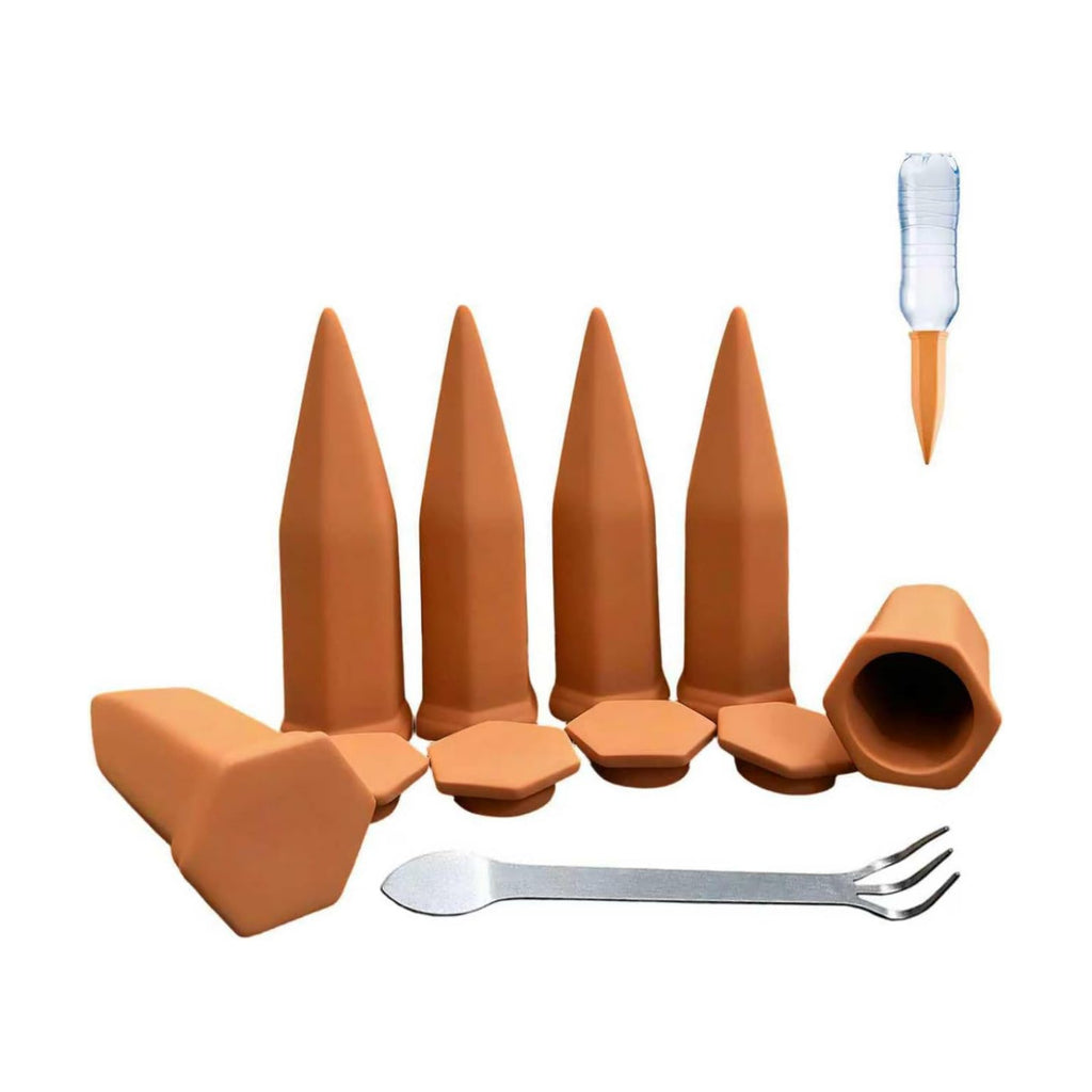 Large Clay Watering Spikes with Lids, Olla Spikes | 6 Pack Self-Watering Stakes for Indoor & Outdoor Planters