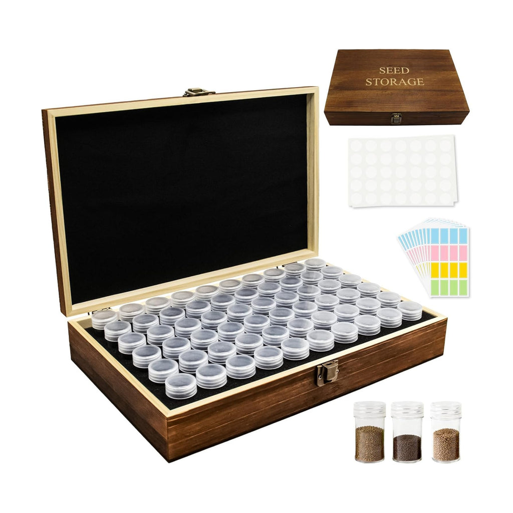Seed Storage Organizer,60 Slots Pine Wood Seed Storage Box,Portable Seed Saving Box with 230 Labels,Seed