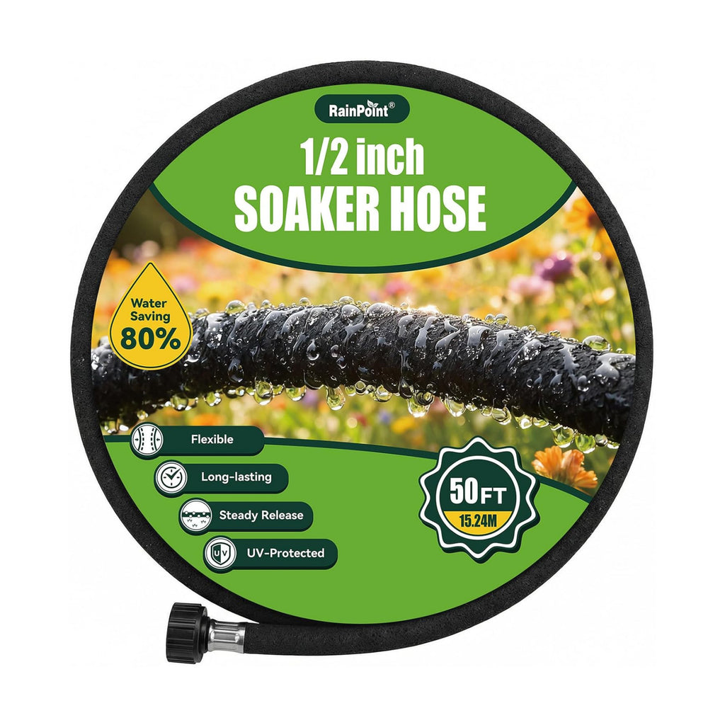 RAINPOINT 1/2'' Soaker Hose 50ft for Garden, Drip Irrigation Hose, Water Seeper Soaker Hoses for Foundation Watering