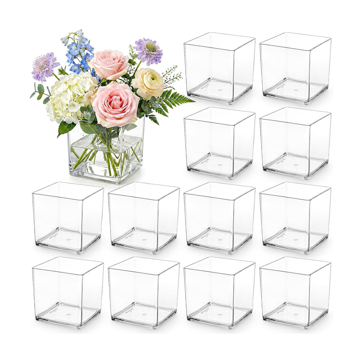 Kingrol 12 Pack 4 Inch Square Clear Acrylic Vases, Shatter-Resistant PET Plastic Centerpiece Vases for Weddings, Events, Table Decor