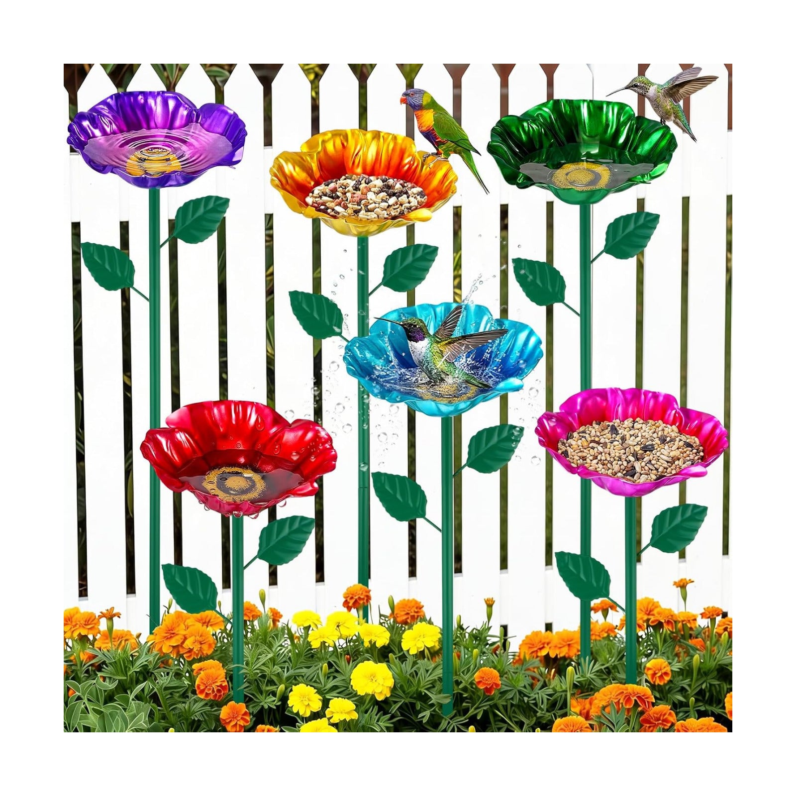 LemonRoad 6 Pcs Metal Bird Baths for Outdoors Flower Pattern Bird Bath Feeders with Metal Stake for Garden Yard Lawn