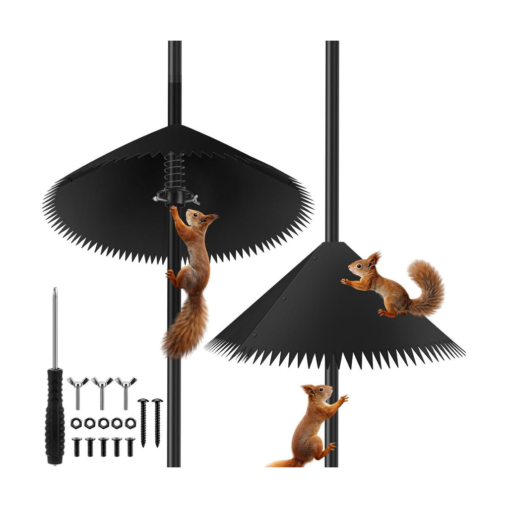 Qualirey 2 Pack Squirrel Baffles for Bird Feeder Poles 19 Inch Extra-Thick Polycarbonate Bird House Guard with Steel Spring Motion for Better Defense, Outdoor Pole Mount Squirrel(Black)