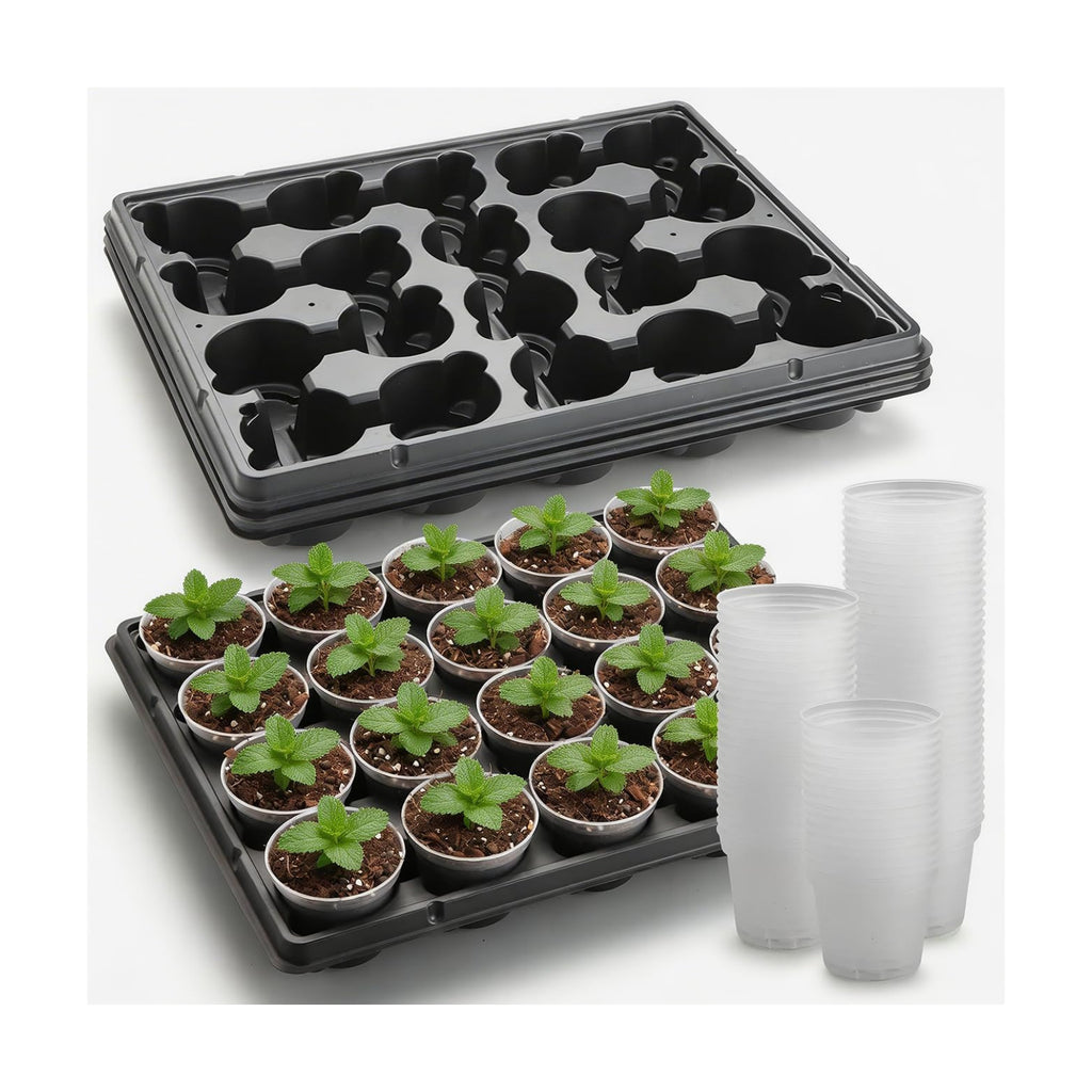 3 Inch Clear Nursery Pots 100 Pcs with 5 Pcs 20 Cell Potting Trays, 5 Sets Seed Starting Kit for Seedlings Cuttings Indoor Growing, Sturdy Transparent Plant Pot Carrying Tray Germination Set