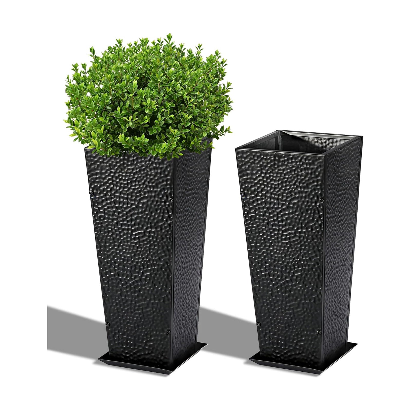 BAYN 2-Pack 24" Tall Metal Planter – Hand-Hammered Textured Large Black Flower Pots Box with Saucer for Outdoor&Indoor