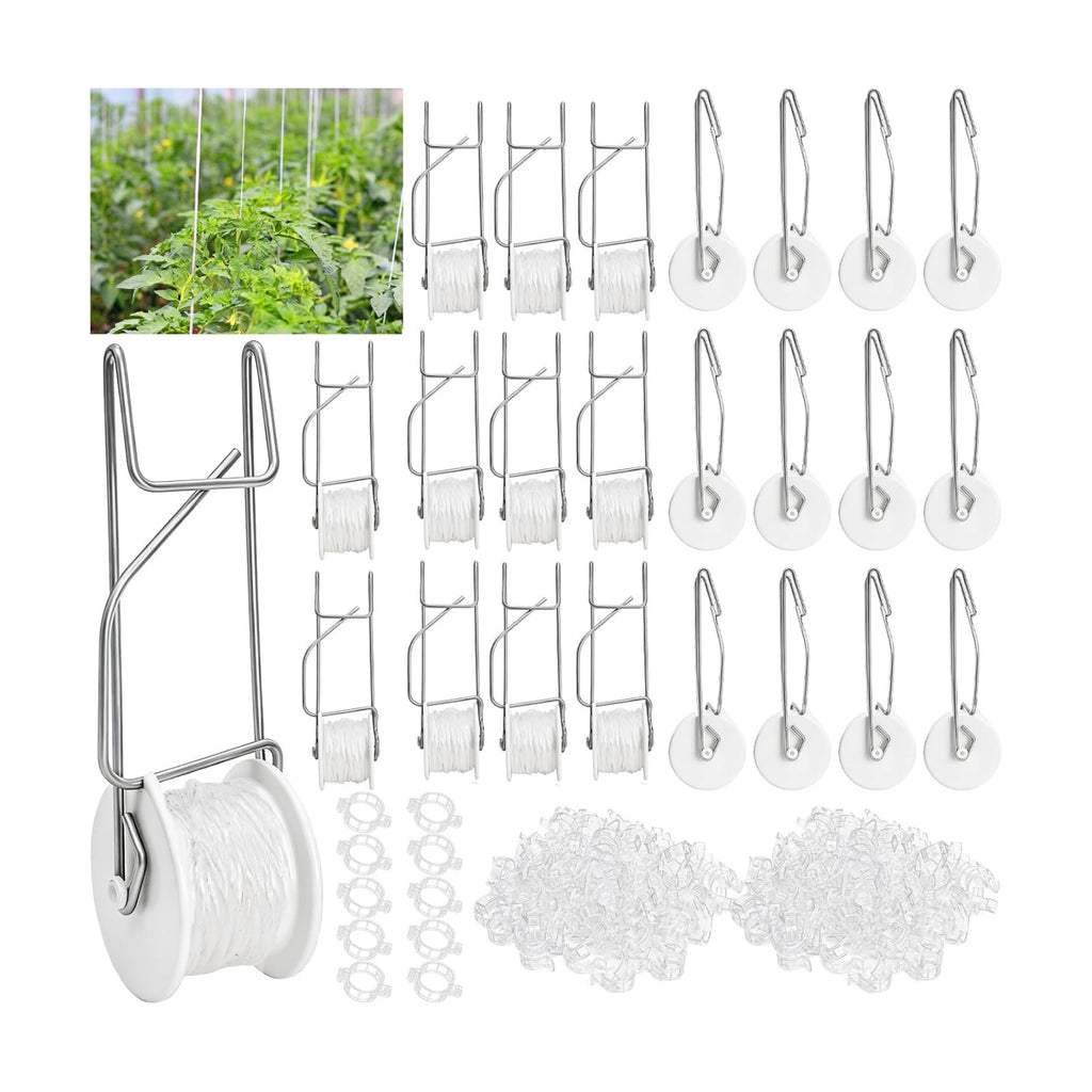 24 Pack Tomato Roller Hooks with 49.2 Feet String and 240 Pcs Clips for Tomato Support Trellis, Grape, Climbing Plants